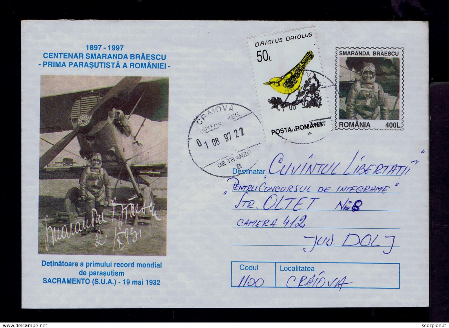Sp8672 ROMANIA (SMARANDA BRAESCU) 1st Parachuting / World Record SACRAMENTO (S.U.A.) 1932 Cover Postal Mailed Craiova - Paracaidismo