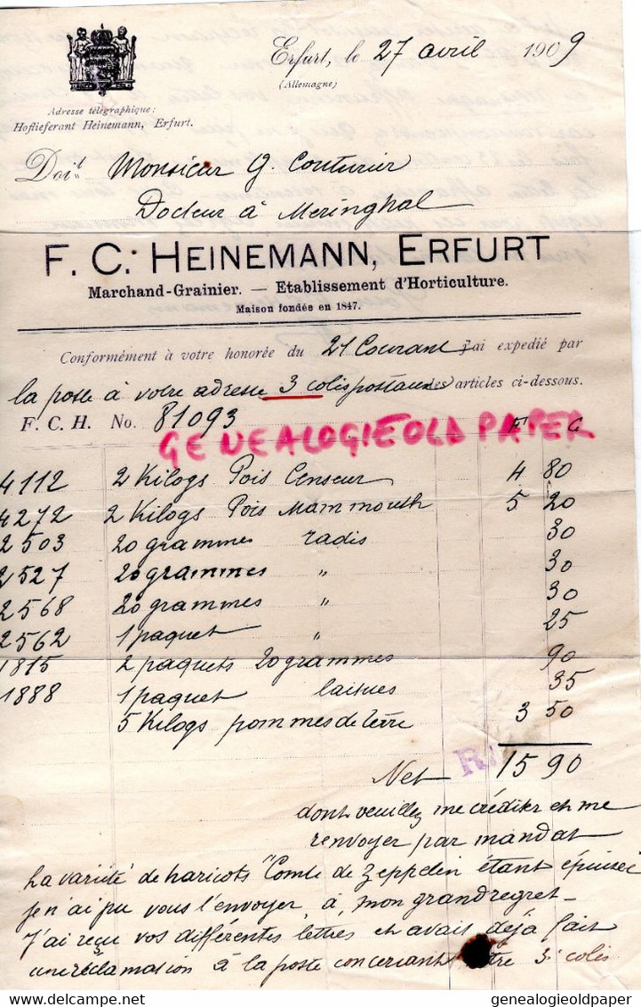 ALLEMAGNE- ERFURT- RARE FACTURE F.C. HEINEMANN -MARCHAND GRAINIER-HORTICULTURE-COUTURIER DOCTEUR MERINCHAL - Landwirtschaft