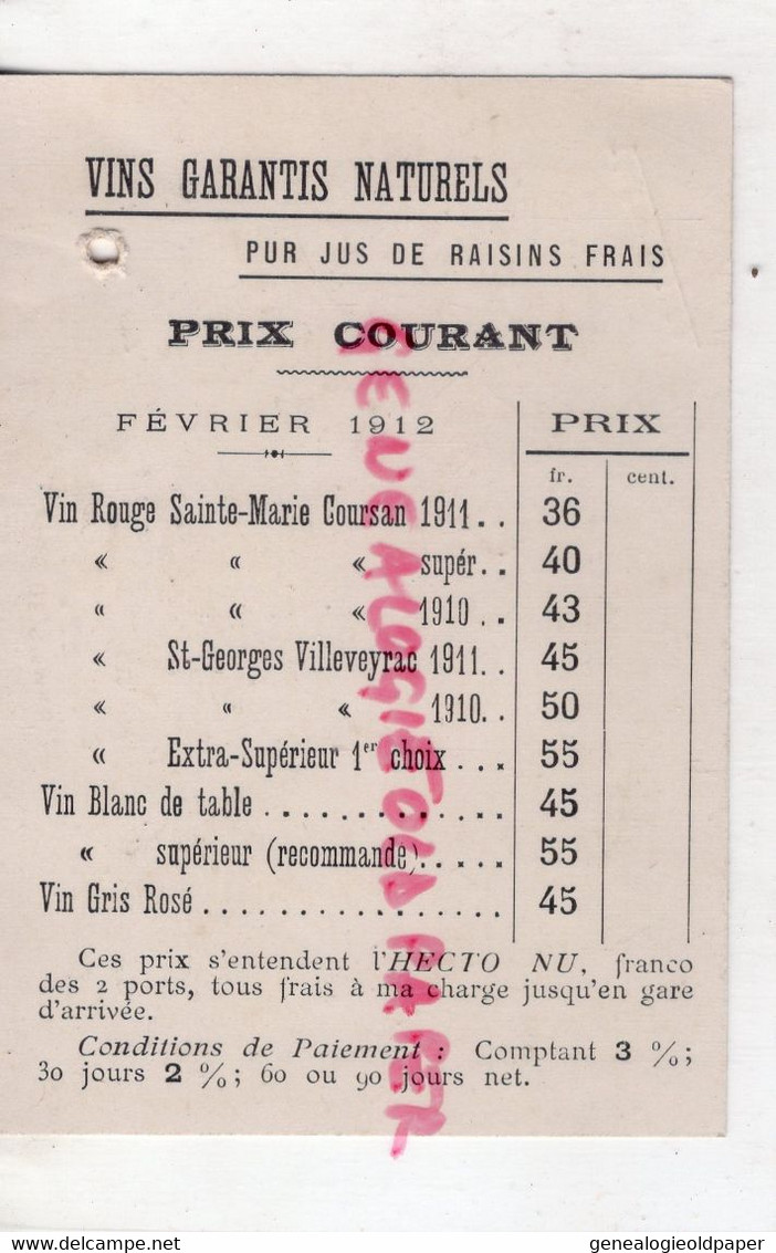 11- COURSAN AUDE -RARE CARTE TARIFS 1912 HENRI GIBERT DOCTEUR MEDECIN VITICULTEUR A VILLEVEYRAC HERAULT- - Transports