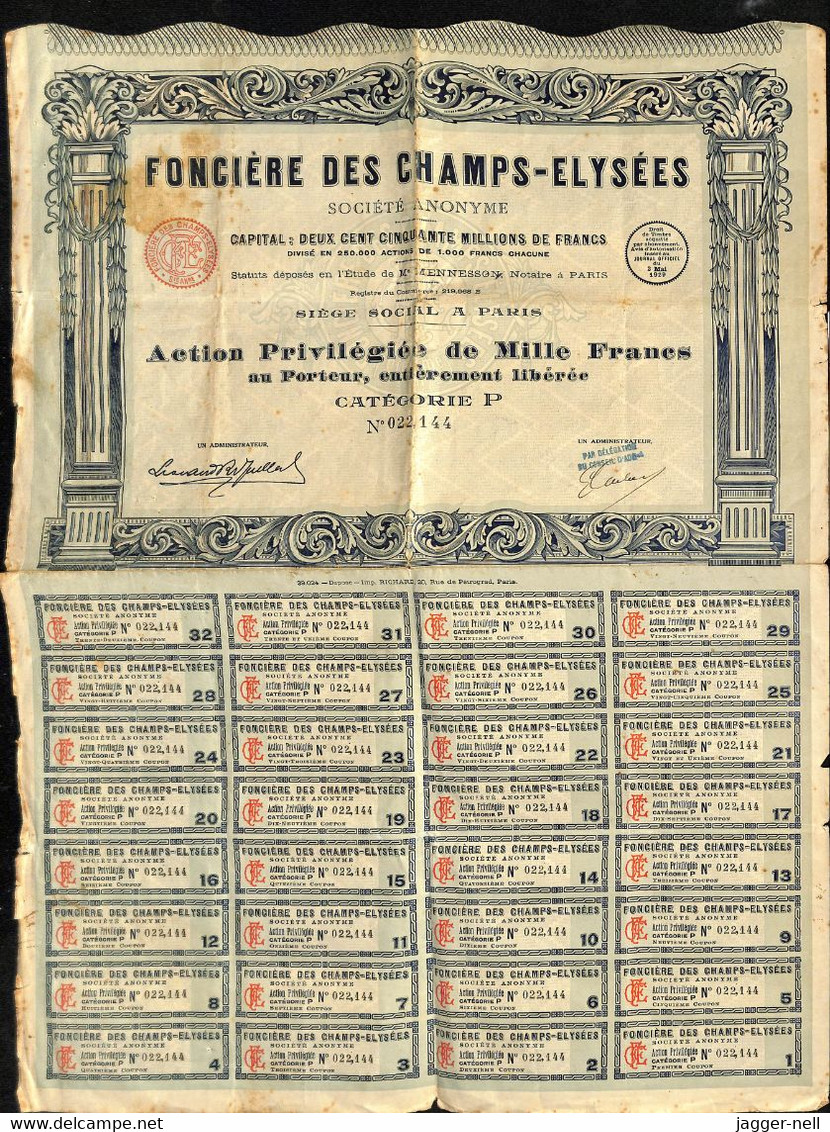 Action Privilégie De 1 000 Francs Au Porteur- Foncière Des Champs-Élysées - Catégorie P - N°022144 - En L'état - COLJD - D - F