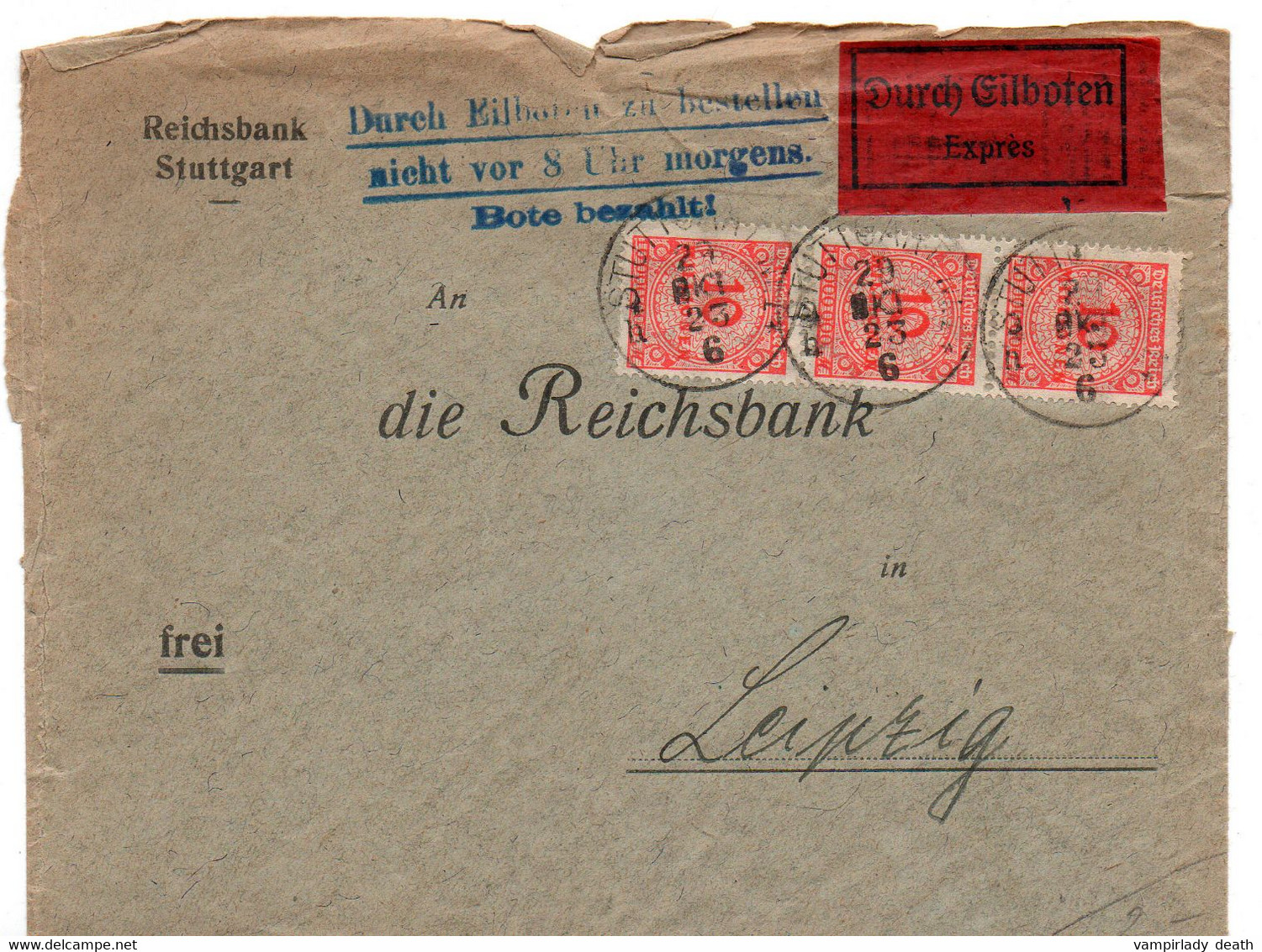 Eilboten,Brief, Stuttgart, "Reichsbank", MeF,gel. 1923, Nach Reichsbank, Leipzig, - Covers & Documents