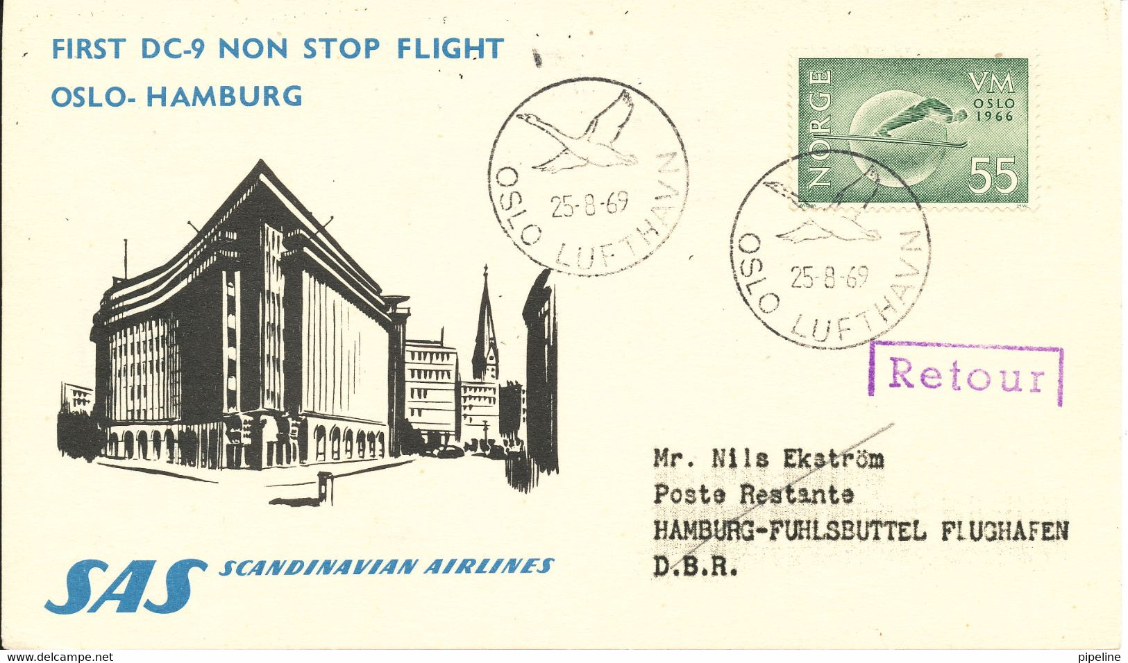 Norway Card First SAS DC-9 Non Stop Flight Oslo - Hamburg 25-8-1969 With Cachet - Lettres & Documents