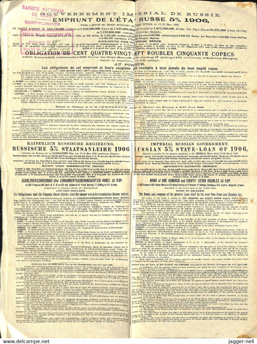 Emprunt Russe 5% 1906 - Obligation De 187 Roubles 50 Copecs- Tampon Verso Banque Nationale De Crédit - En L'état - COLJD - Russia