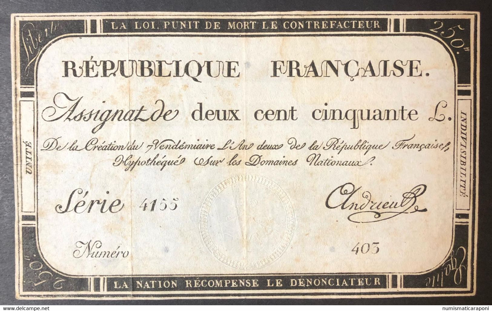 Francia France Assignat De 250 LIVRES 28 SETTEMBRE 1793 7 VENDÉMIAIRE Lotto.3843 - ...-1889 Tijdens De XIXde In Omloop