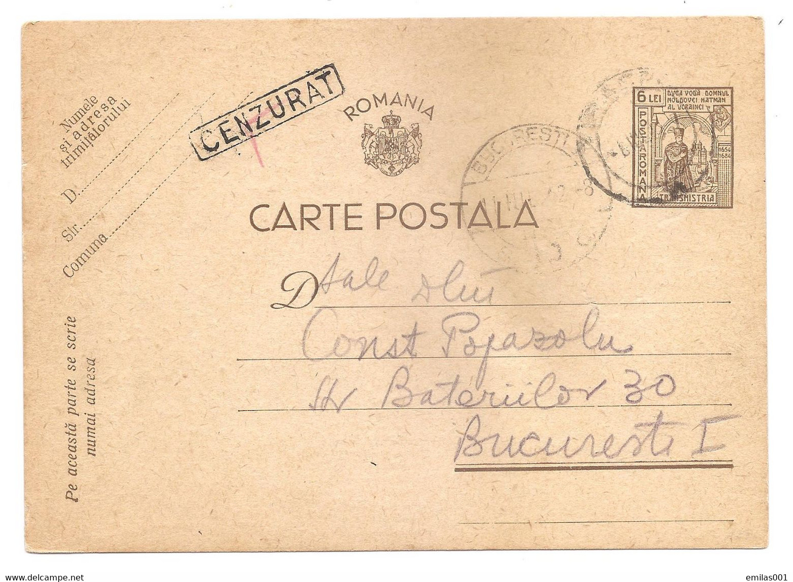 Intreg Postal 6 Lei TRANSNISTRIA Circulat Cu Cenzura La Bucuresti , 07. 07.1942 - 2de Wereldoorlog (Brieven)