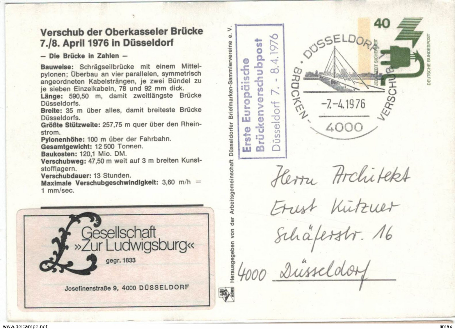 Ganzsache Düsseldorf Verschub-Brücken Brückenverschubpost 1976 - Gesellschaft Zur Ludwigsburg - Postales Privados - Usados