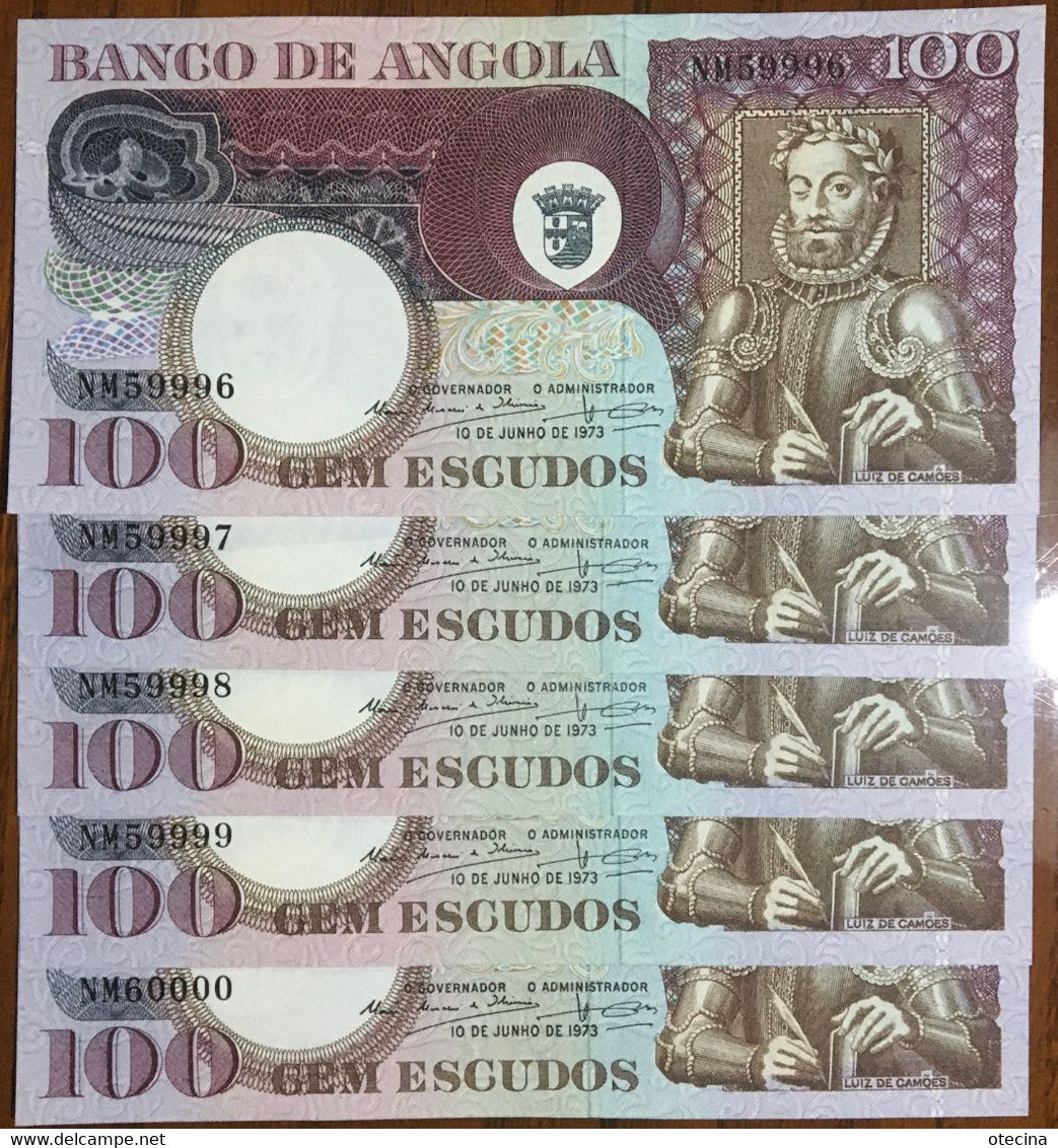 ANGOLA Lot De 5 Billets 100 Escudos 10 Juin 1973 Numérotés Séquentiellement (NM59996-NM60000) P#106 UNC - Angola