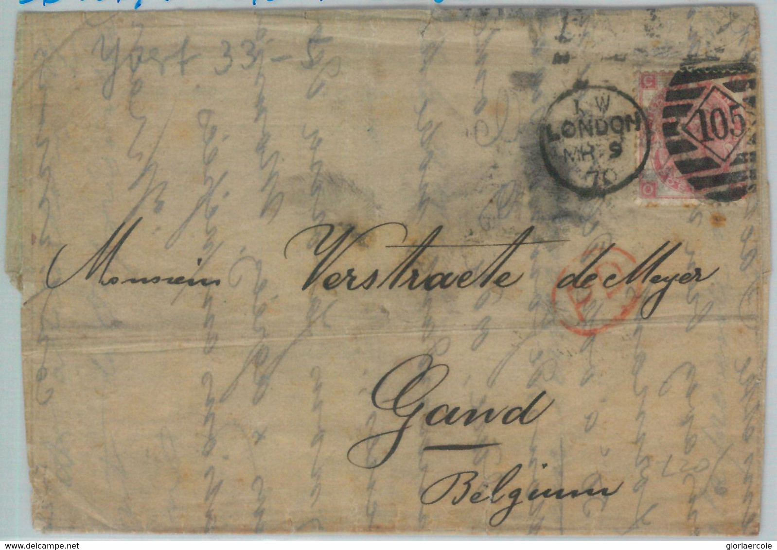 82211 - GB - Postal History -  SG # 103 (probably) On COVER To BELGIUM  1870 - Covers & Documents