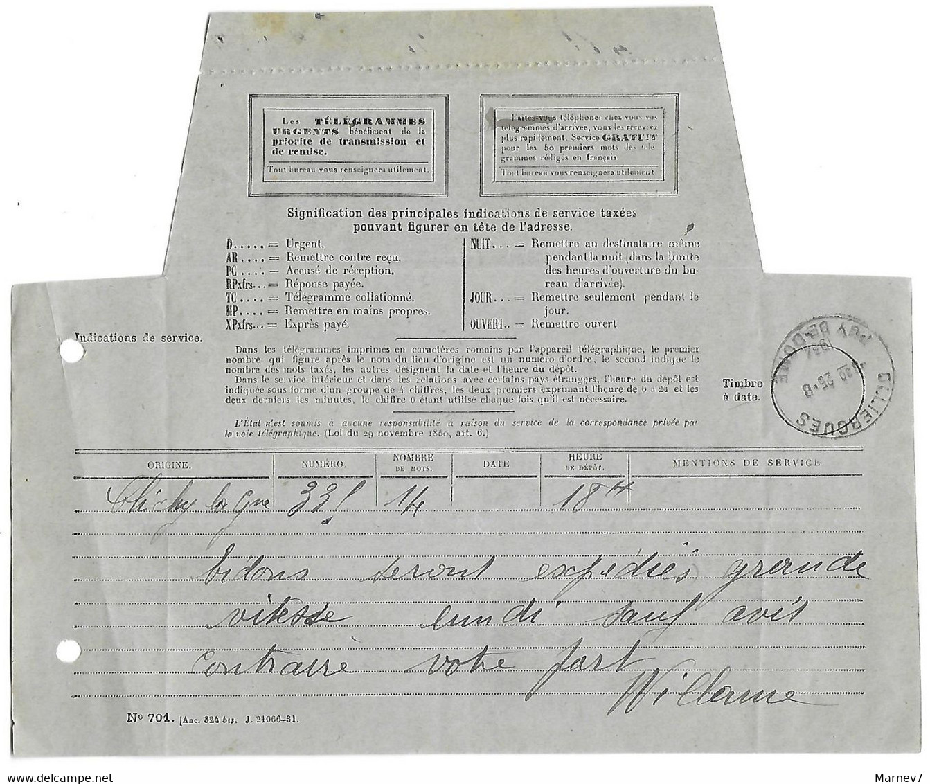 Télégramme 25 8 1934 - Cachet à Date OLLIERGUES - Puy De Dôme - - Telegraaf-en Telefoonzegels
