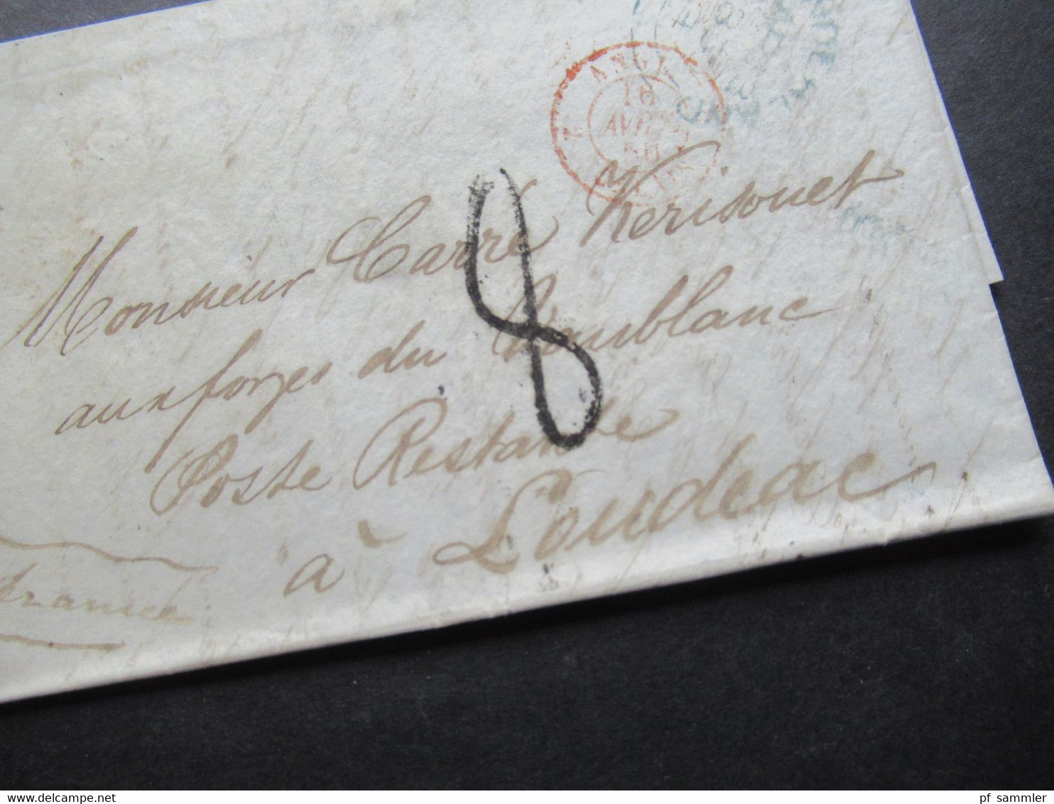 GB / England Transit 1850 Stempel Sunderland Und Roter K2 Angl. Calais Nach Loudeac Poste Restante / Bartaxe 8 - Covers & Documents