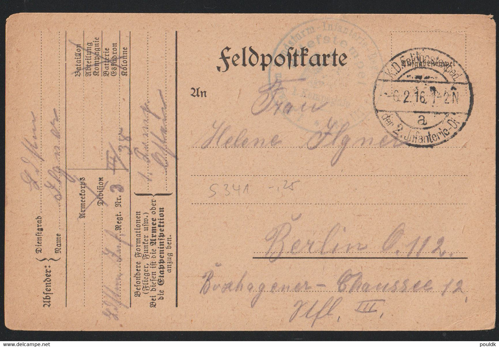 German Feldpost WW1: Card Posted From Daugavpils, Latvia - Infanterie Regiment No. 3 Posted 6.2.1916 By 2. Infanterie - Militaria