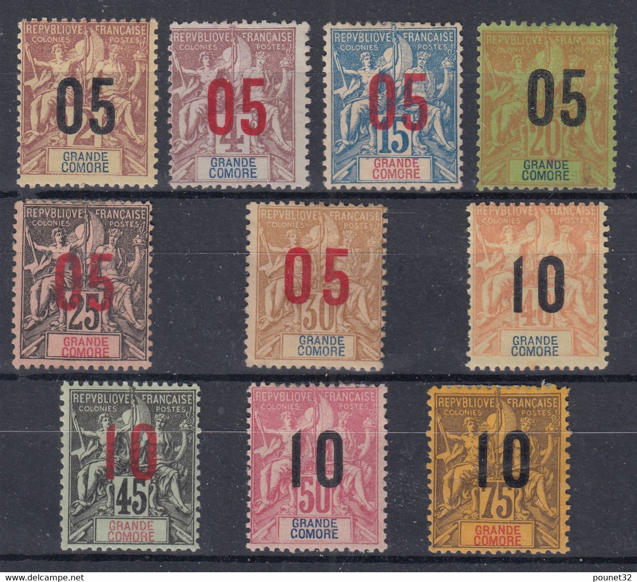 GRANDE COMORE : N° 20/29 DONT 25A SURCHARGE ESPACEE NEUFS * GOMME OU SANS GOMME - Unused Stamps