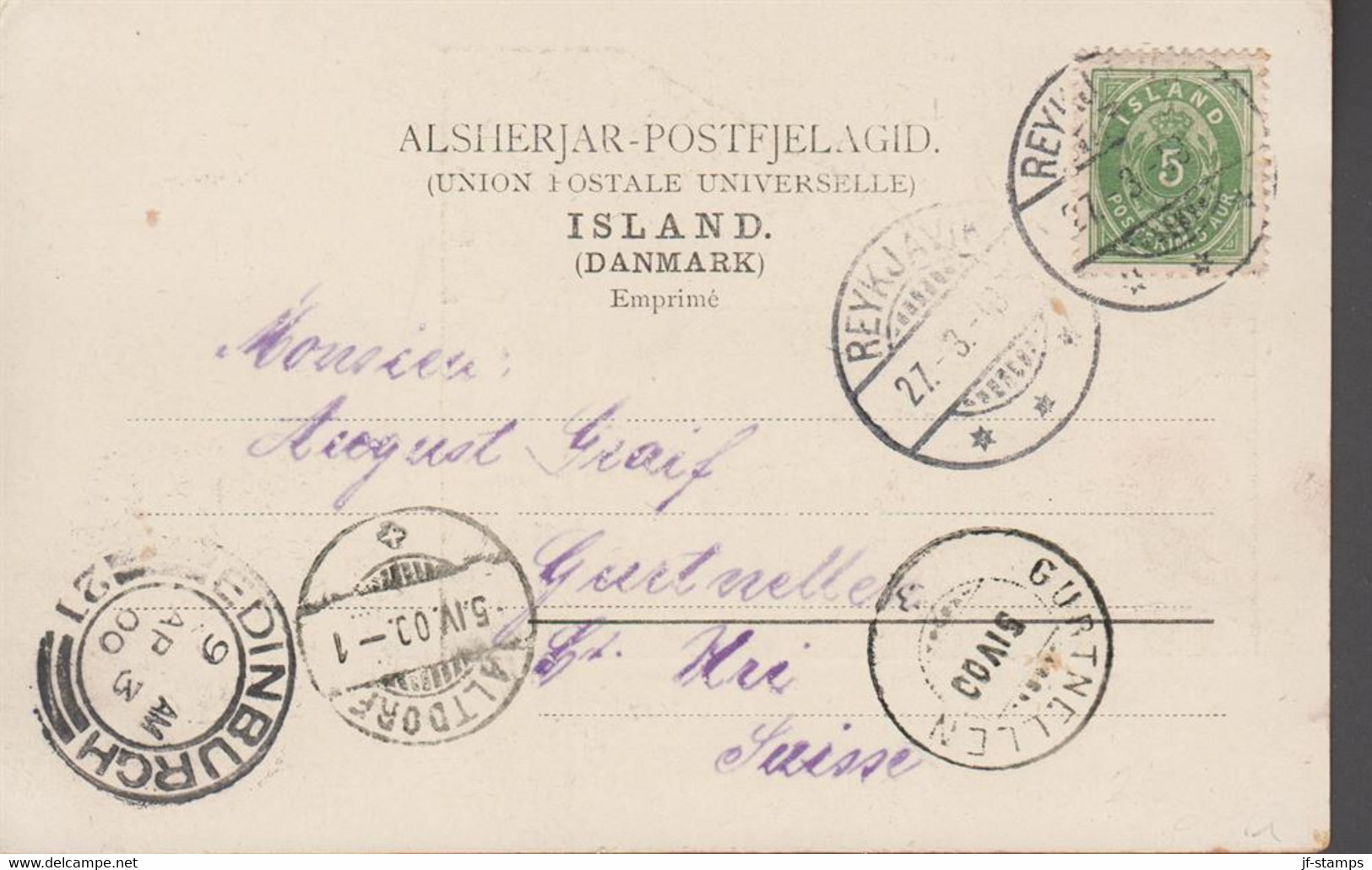 1900. ISLAND. Aur-Issue. 5 Aur Green. Perf. 12½ On Rare And Beautiful Postcard Motive: Gruss ... (Michel 13B) - JF518572 - Lettres & Documents