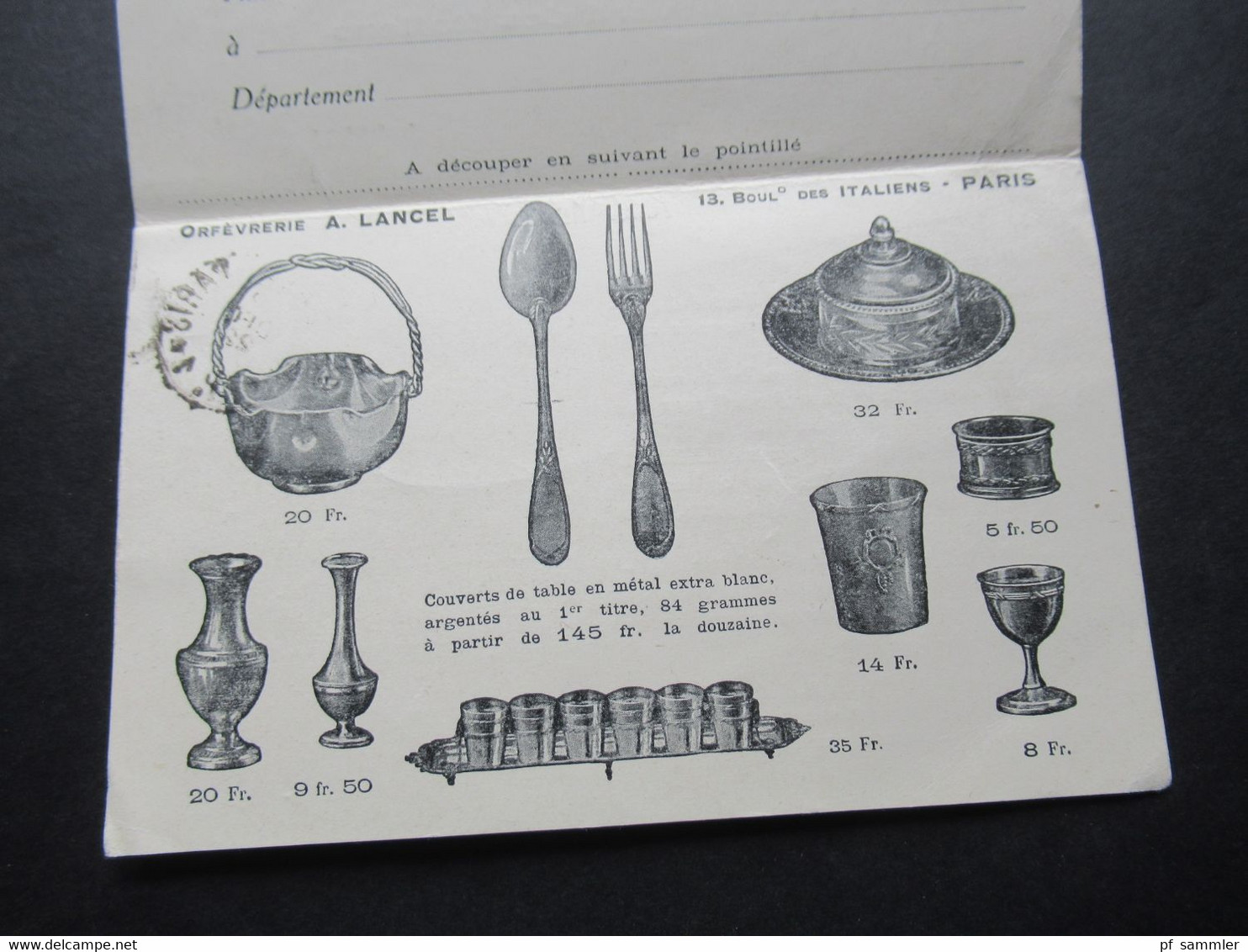 Frankreich 1922 Werbepostkarte / Doppelkarte Orfevre Joaillier / Besteck Und Geschirr  En Metal - Advertising