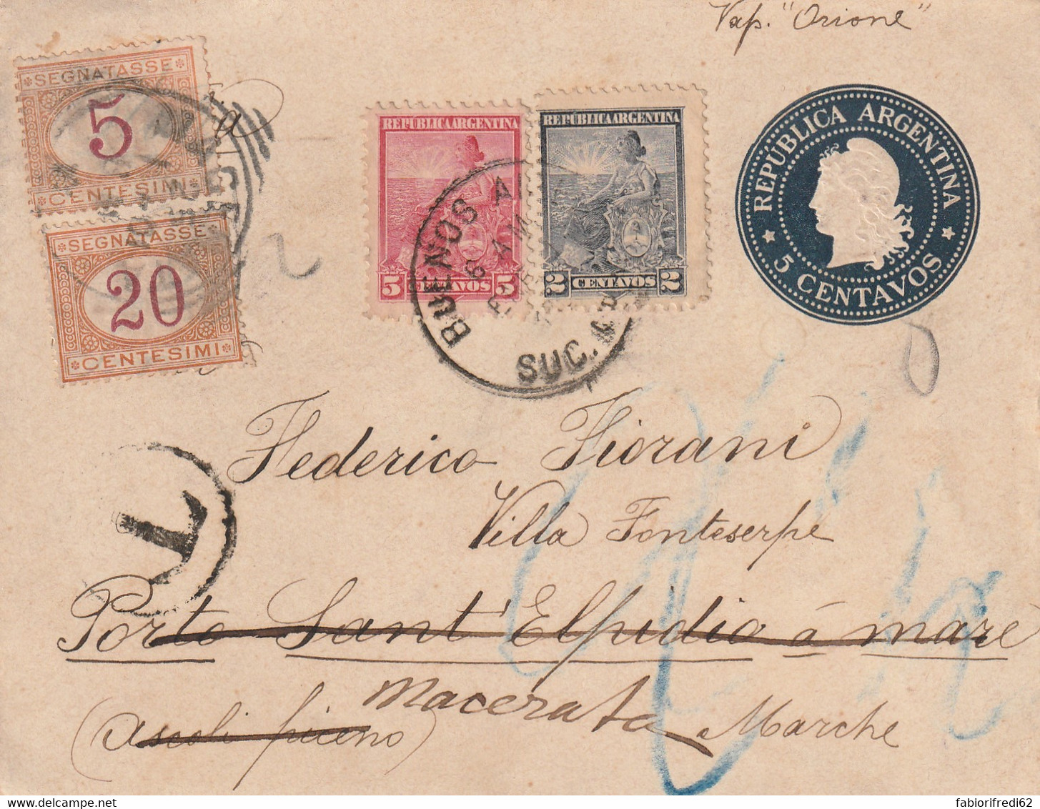 LETTERA DA ARGENTINA 2+5 CON SEGNATASSE ITALIA 5+20 C. (MZ898 - Portomarken