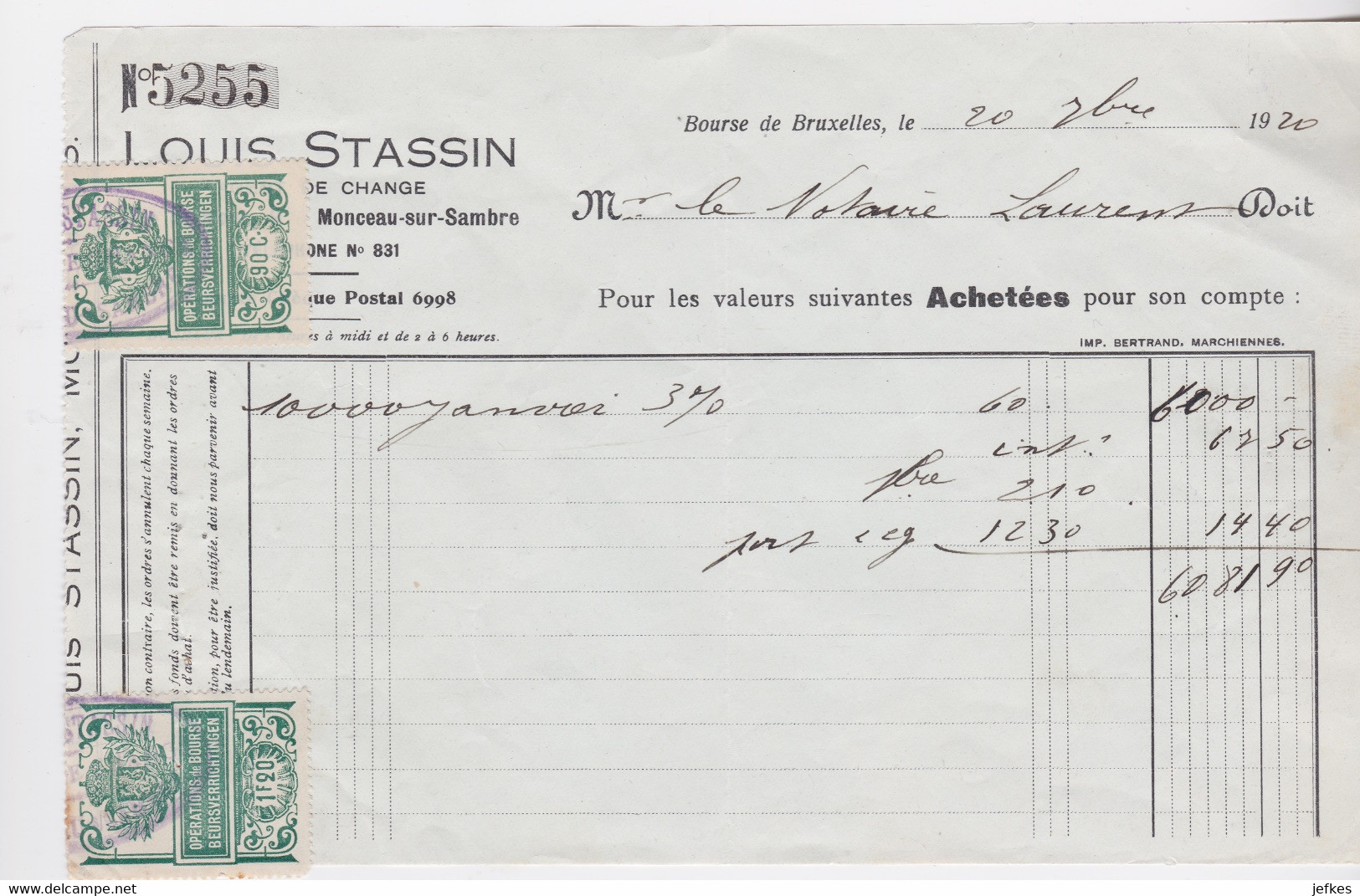 Opérations De Bourse/Beursverrichtingen  1920  Louis Stassin Monceau-sur-Sambre - Dokumente