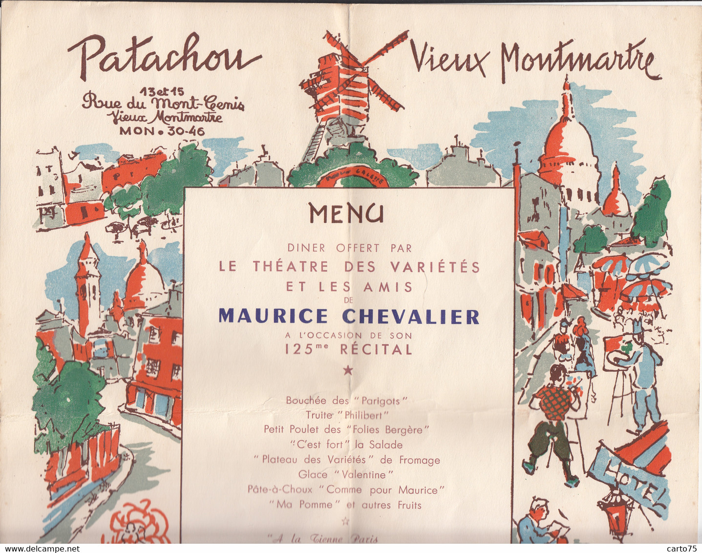 Restaurants - Menu Patachou Vieux Montmartre - 1951 - Théâtre Variétés Maurice Chevalier - Illustrateur - Prostitution - Hotels & Restaurants