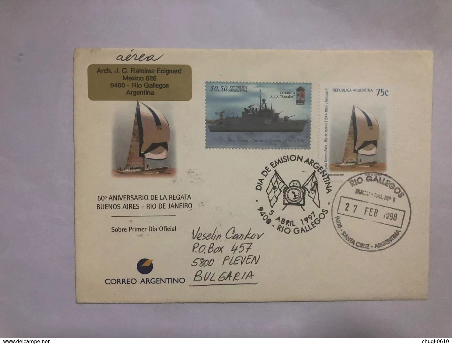 Argentina Cover Sent To Bulgaria With Stamps1997 Sailboat - Briefe U. Dokumente