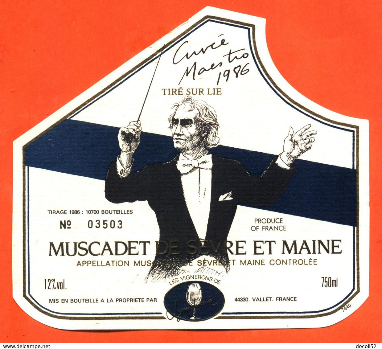 Etiquette De Vin De Muscadet De Sèvre Et Maine Cuvée Maestro 1986 à Vallet - 75 Cl - Chef D'orchestre - Vin De Pays D'Oc