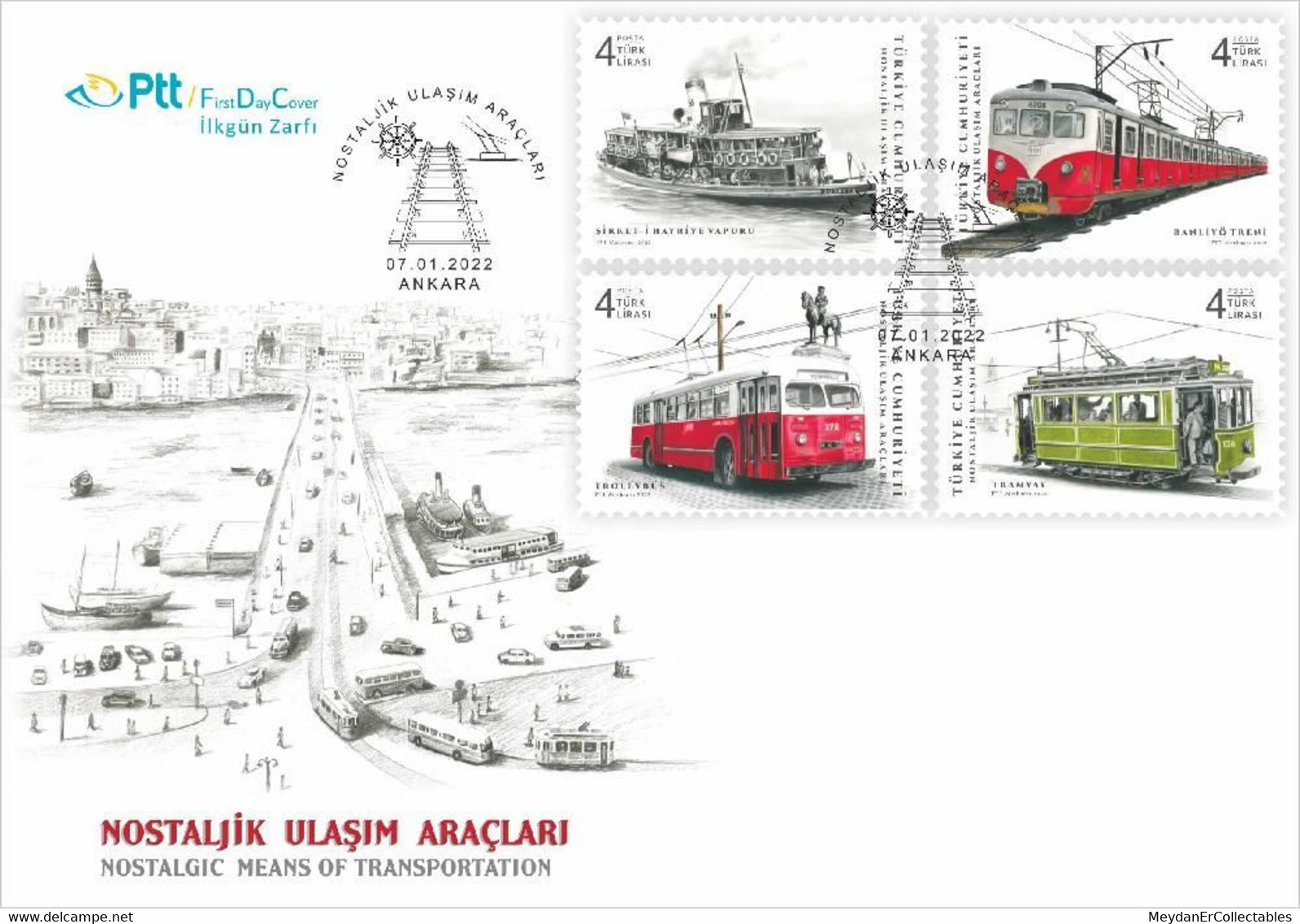 TURKEY / 2022 - (FDC) Nostalgic Vehicles (Train, Tram, Bus, Ship), MNH - Briefe U. Dokumente