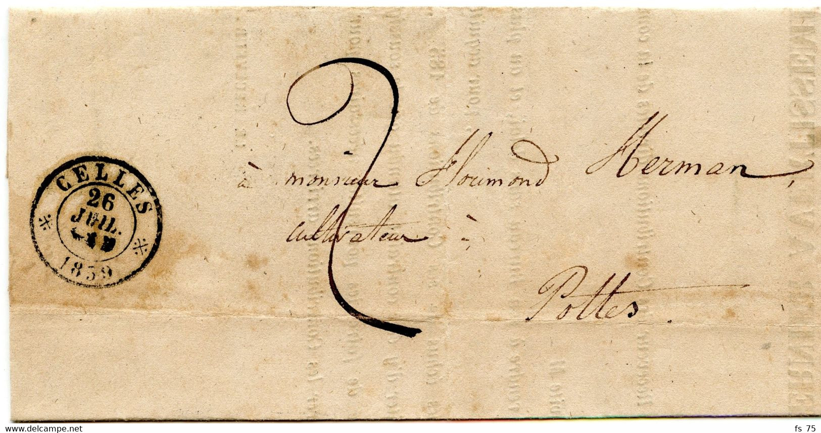 BELGIQUE - TAD DOUBLE CERCLE CELLES SUR LETTRE TAXEE, 1859 - Cartas & Documentos