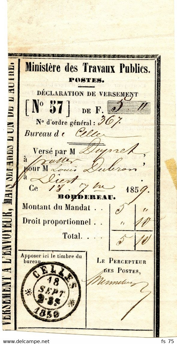 BELGIQUE - TAD DOUBLE CERCLE CELLES SUR TALON DE MANDAT, 1859 - Altri & Non Classificati