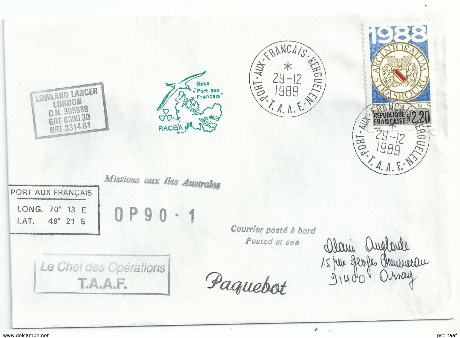 YT 2552 2000 Ans De Starsbourg - Posté à Bord Du Lowland Lancer - Port Aux Français - Kerguelen - 29/12/1989 - Storia Postale