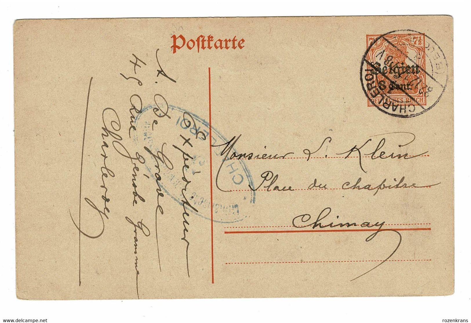 1917 Entier Postal Postwaardestuk EP Duitse Bezetting Occupation Allemande Deutsche Reich Overdruk Charleroi Obl. - Occupazione Tedesca