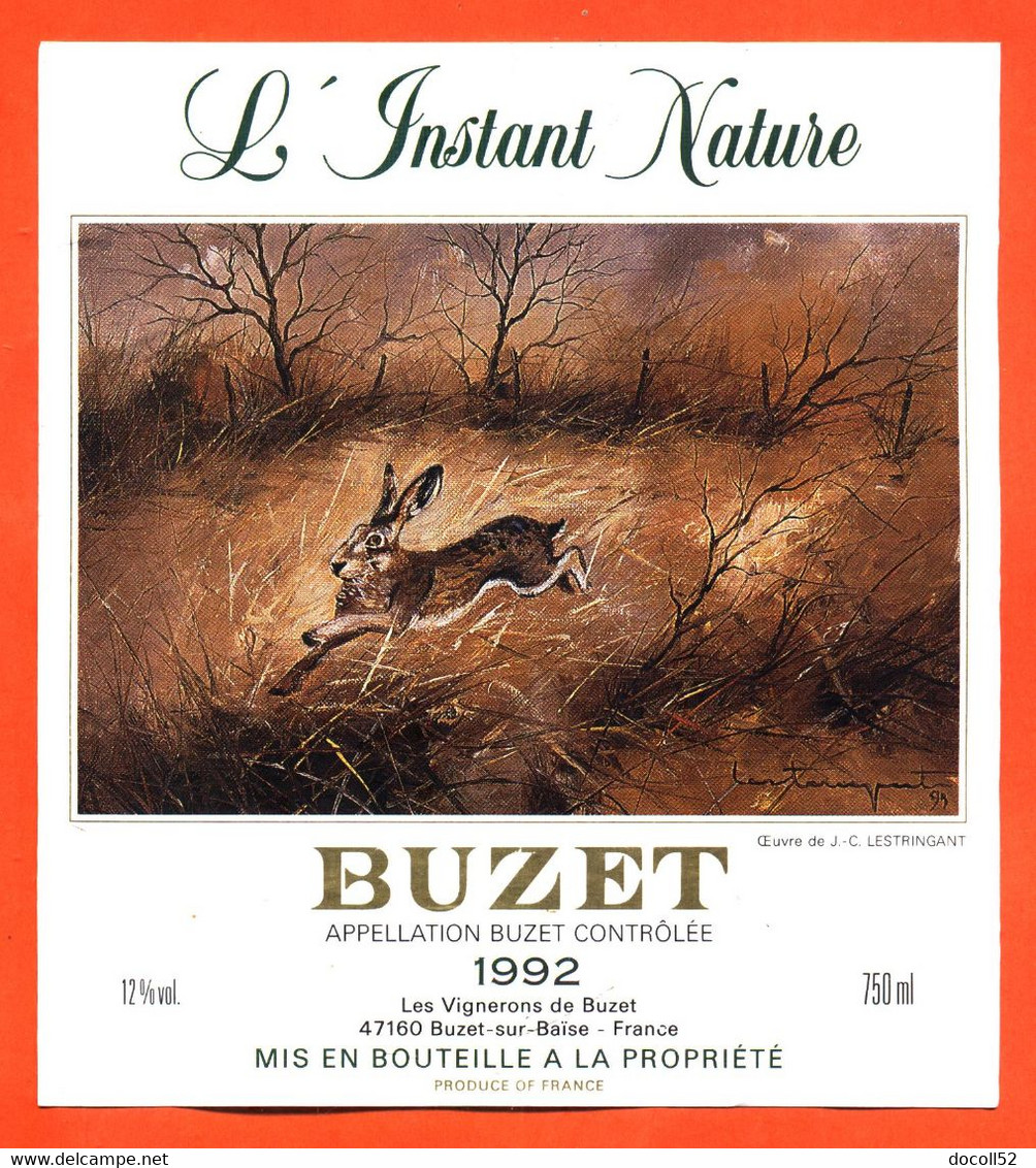 Grande Etiquette De Vin De Buzet 1992 L'instant Nature Vignerons à Buzet - 75 Cl - Lièvre - Vin De Pays D'Oc