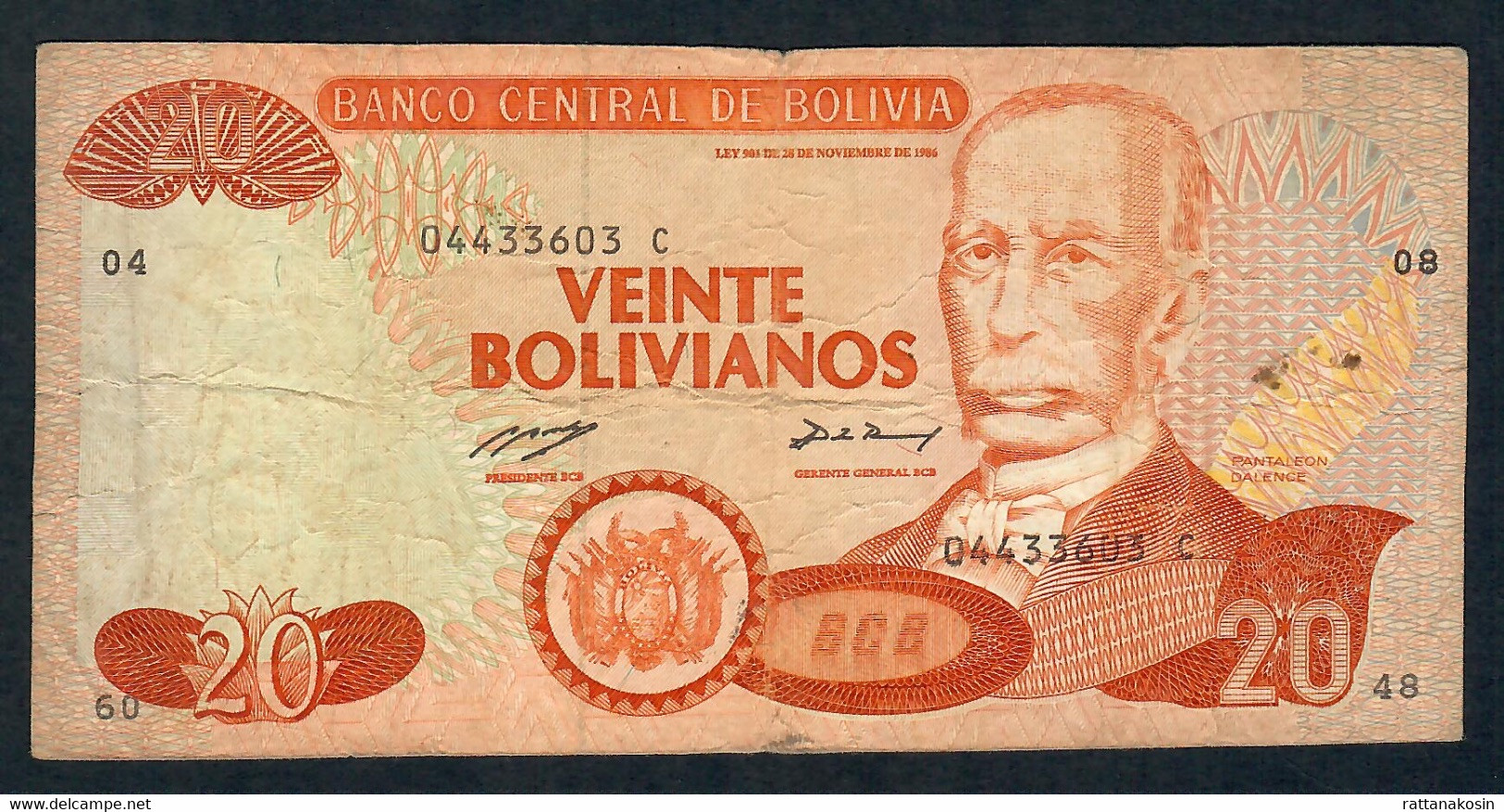 BOLIVIA P211 20 BOLIVIANOS 28.11.1986 Serie C  F-aVF NO P.h. - Bolivië