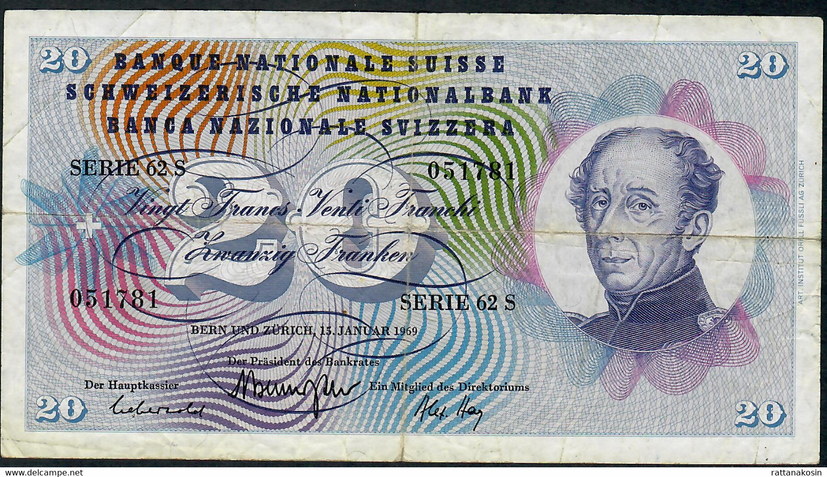 SWITZERLAND P46q 20 FRANCS 13.1.1969  #62S FINE - Schweiz