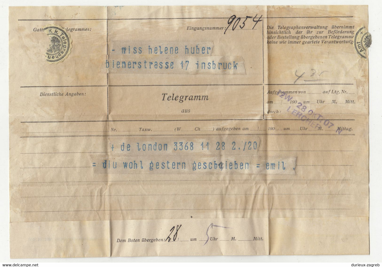 Austria K.k. Telegraphen Telegramm B220320 - Telegraph