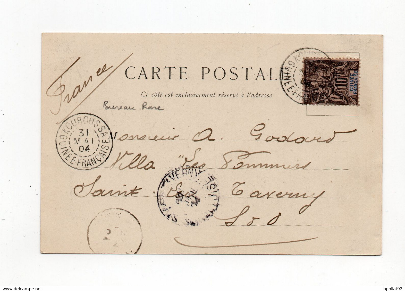 !!! GUINEE, CPA DE 1904 POUR TAVERNY, CACHET DE KOUROUSSA - Cartas & Documentos