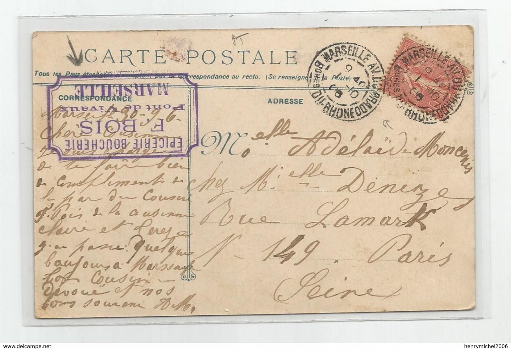 13 Marseille  Cachet Prado , Tampon épicerie Boucherie Bois F , Pont De Vivaux 1906 - Castellane, Prado, Menpenti, Rouet