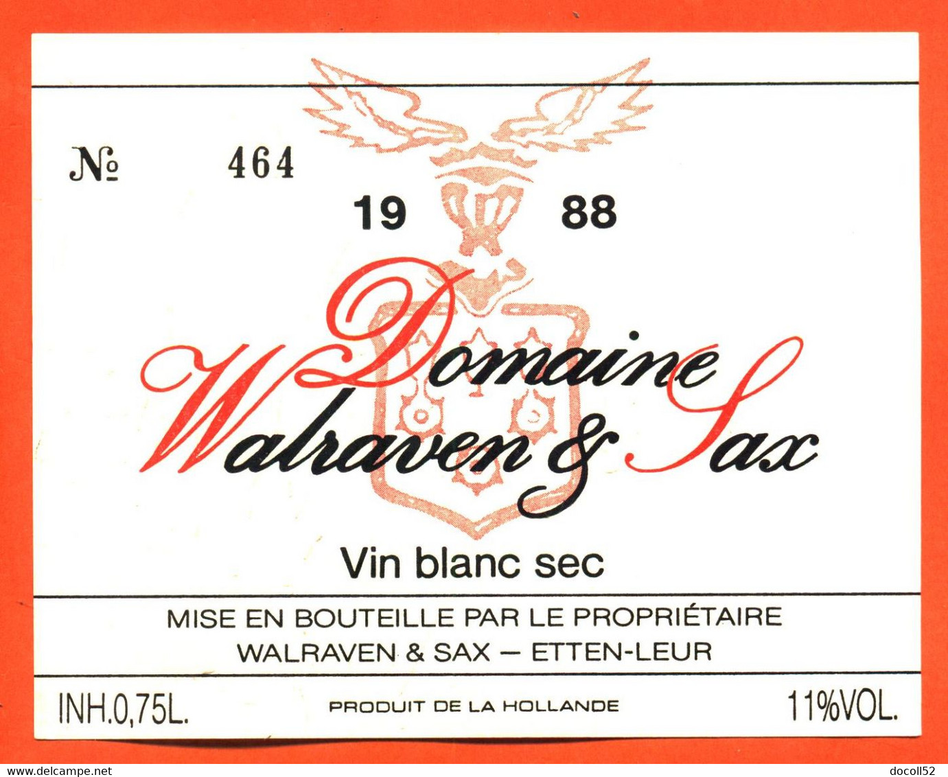 Etiquette Neuve De Vin De Hollande Blanc Sec Domaine Walraven Et Sax 1988 à Etten Leur - 75 Cl - Vin De Pays D'Oc