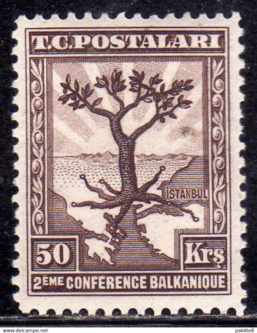 TURCHIA TURKÍA TURKEY 1931 SECOND BALKAN CONFERENCE OLIVE TREE WITH ROOTS EXTENDING TO ALL CAPITALS 50K MH - Ongebruikt