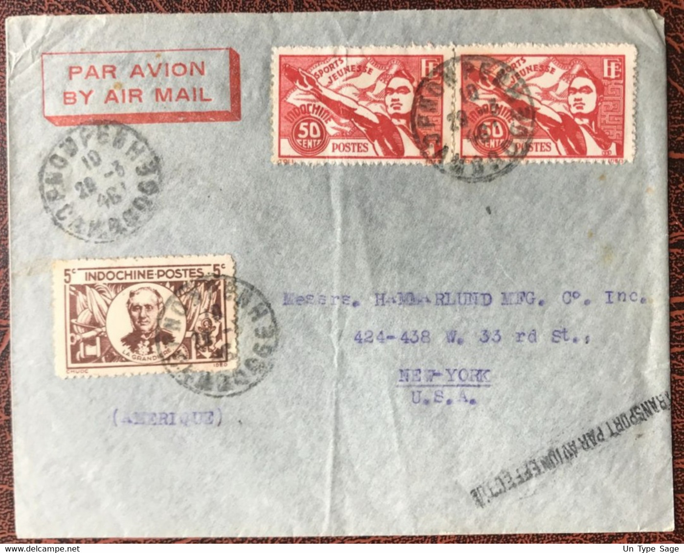 Indochine N°264 Et 285 (x2) Sur Enveloppe, TAD PHNOM PENH, Cambodge 29.3.1946 Pour New York - (B3754) - Briefe U. Dokumente