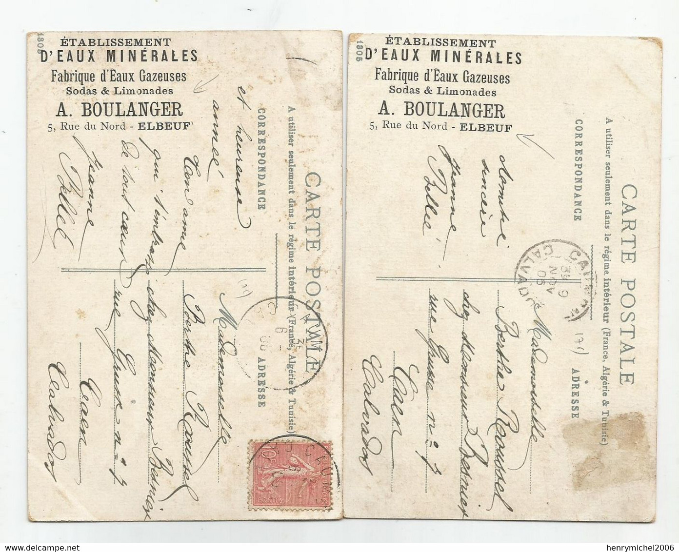 76 - Elbeuf Pub Boulanger Fabrique Eaux Gazeuses Sodas Et Limonades 5 Rue Du Nord , De Caumont A Caen 1905, Lot 2 Cpa - Elbeuf