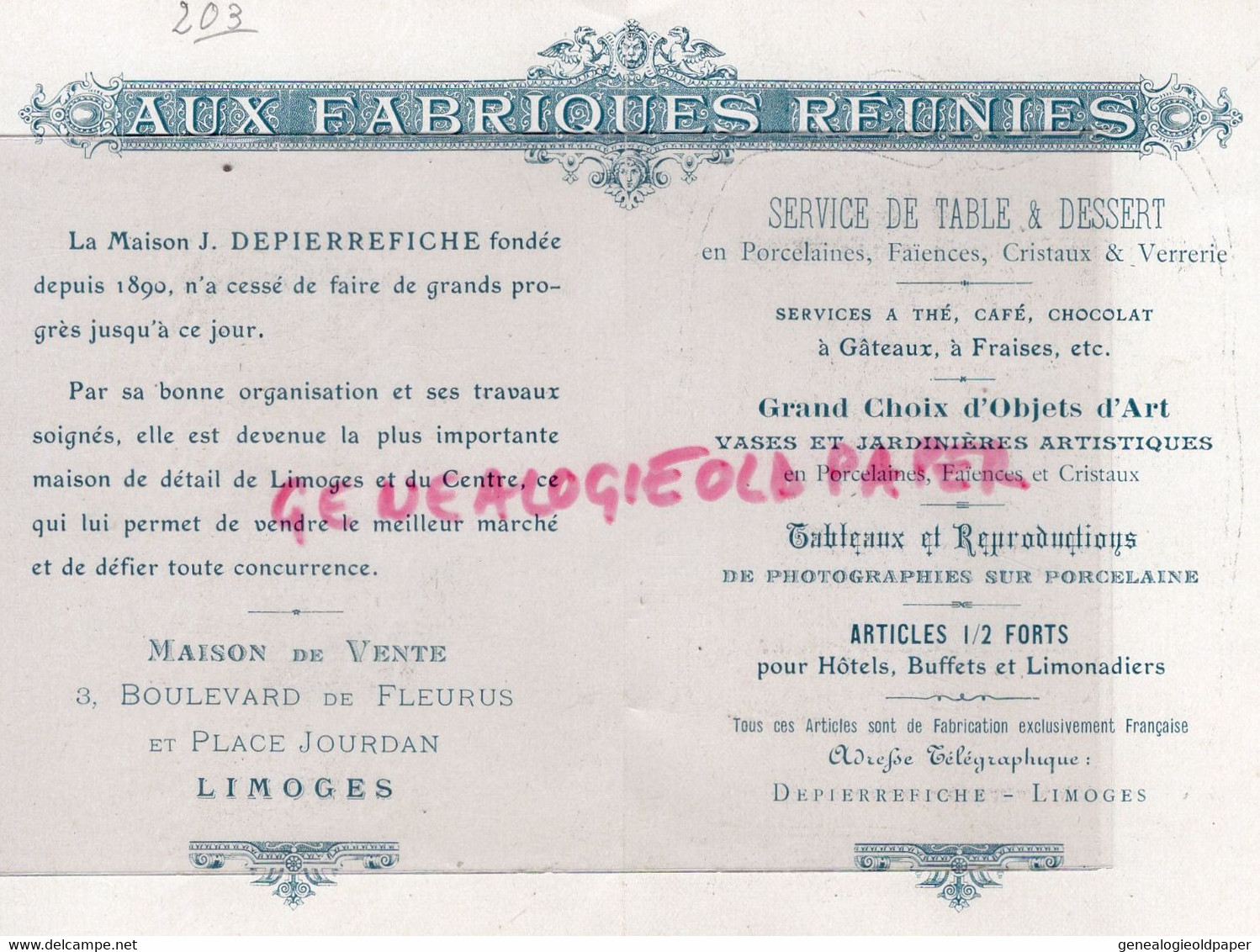 87- LIMOGES- AUX FABRIQUES REUNIES- J. DEPIERREFICHE -3 BOULEVARD FLEURUS-PORCELAINE-BARBICHET-IMPRIMERIE JOUANNEM MEGE - Petits Métiers