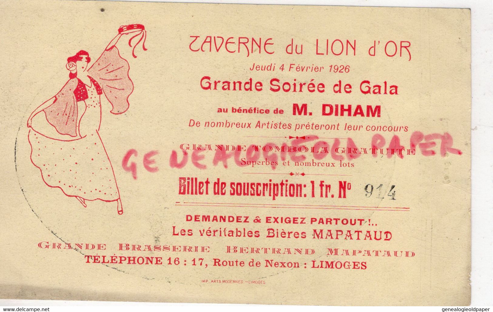 87- LIMOGES- TAVERNE DU LION D' OR-JEUDI 4 FEVRIER 1926-GALA M. DIHAM-BRASSERIE BIERES MAPATAUD-17 ROUTE NEXON-CARMIA - Old Professions