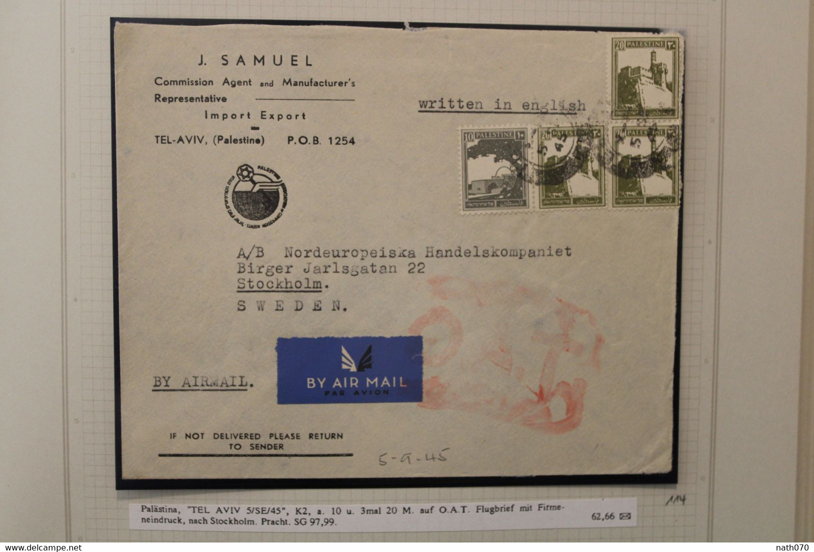 1945 LEVANT Sweden Cover Palestine Palästina Israel  Air Mail Suède Cachet Rouge OAT - Palestina