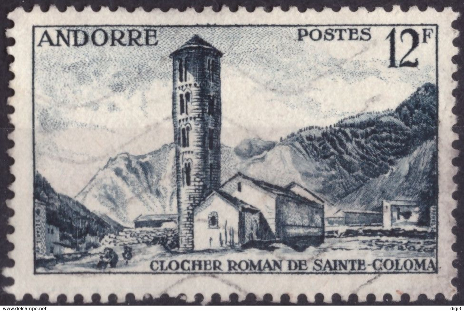 Andorra Fr., 1955-56, Paysages, Clocher De Roman De Sainte Coloma, 12 F., ⊚ - Usati