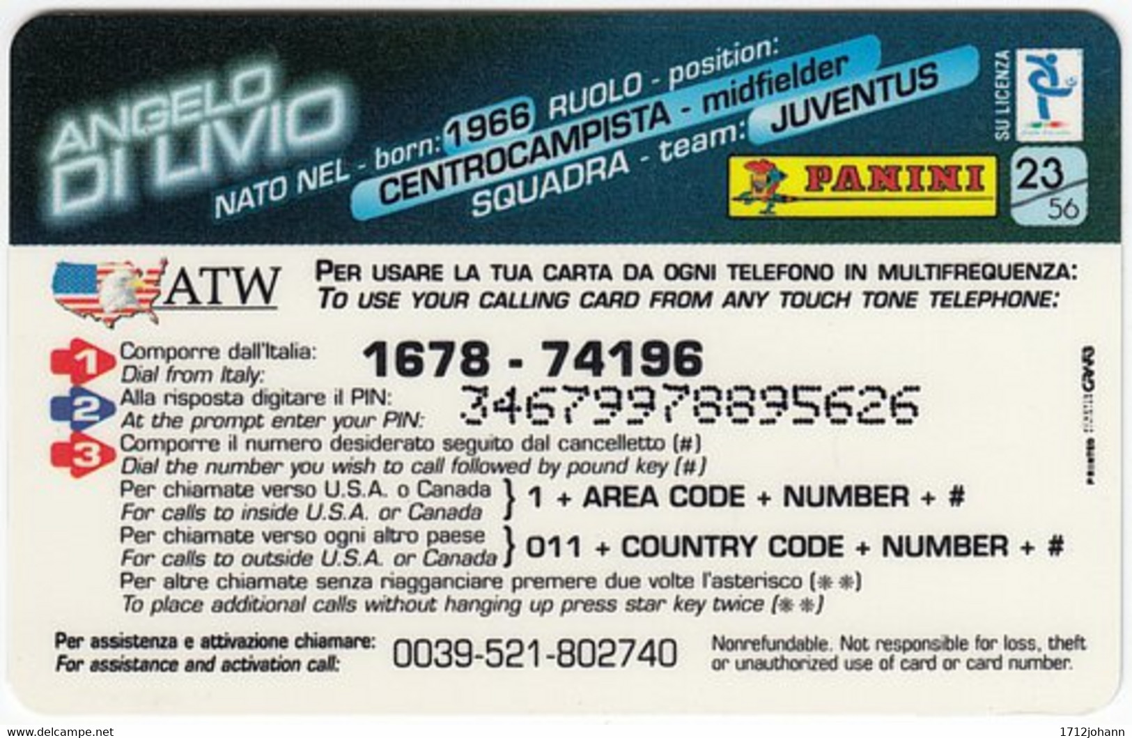 ITALY H-866 Prepaid ATW - Sport, Soccer, Angelo Di Livio - Used - [2] Sim Cards, Prepaid & Refills
