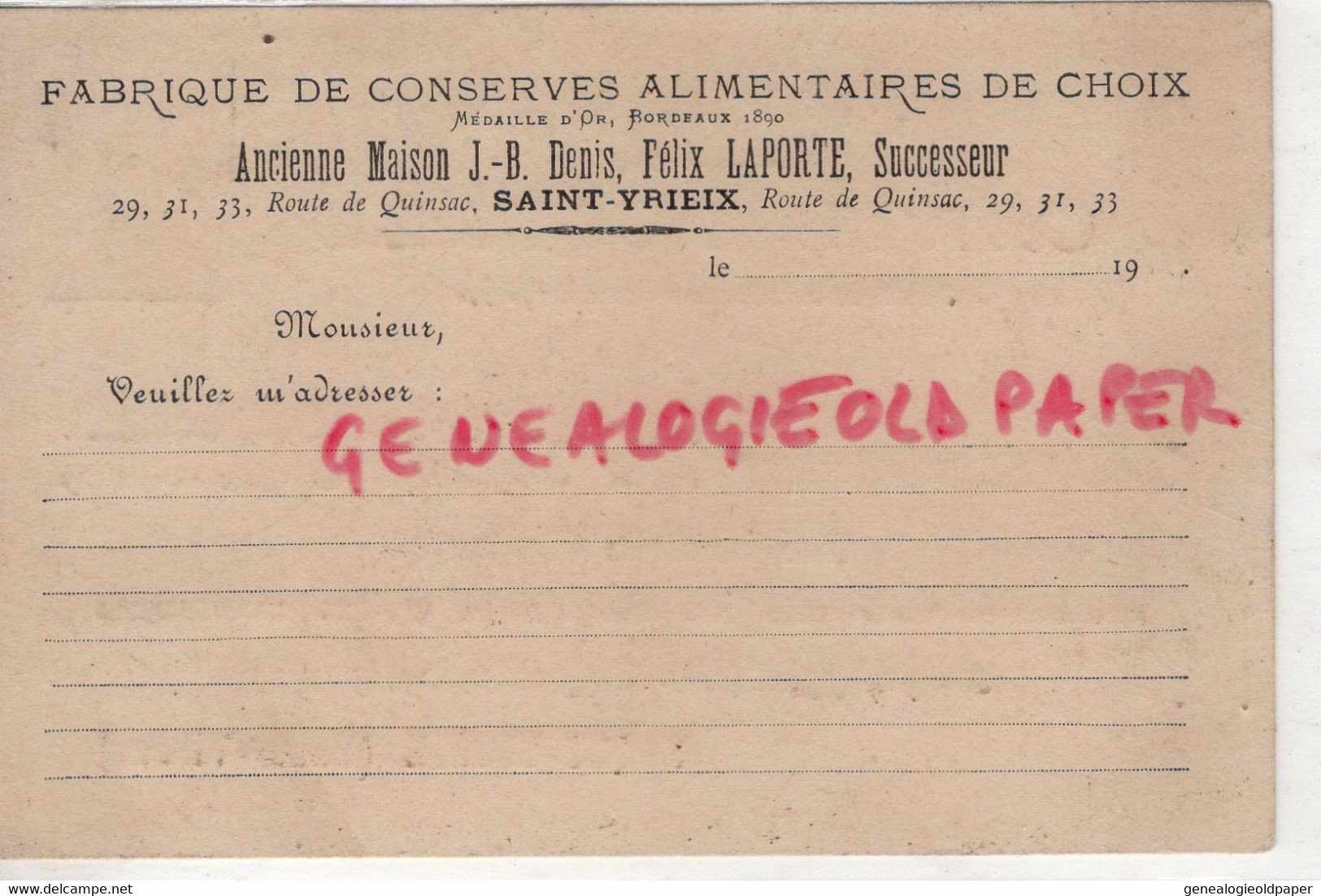 87- ST SAINT YRIEIX- RARE CARTE FELIX  LAPORTE - MAISON J.B. DENIS-29 ROUTE DE QUINSAC-FABRIQUE CONSERVES ALIMENTAIRES - Petits Métiers