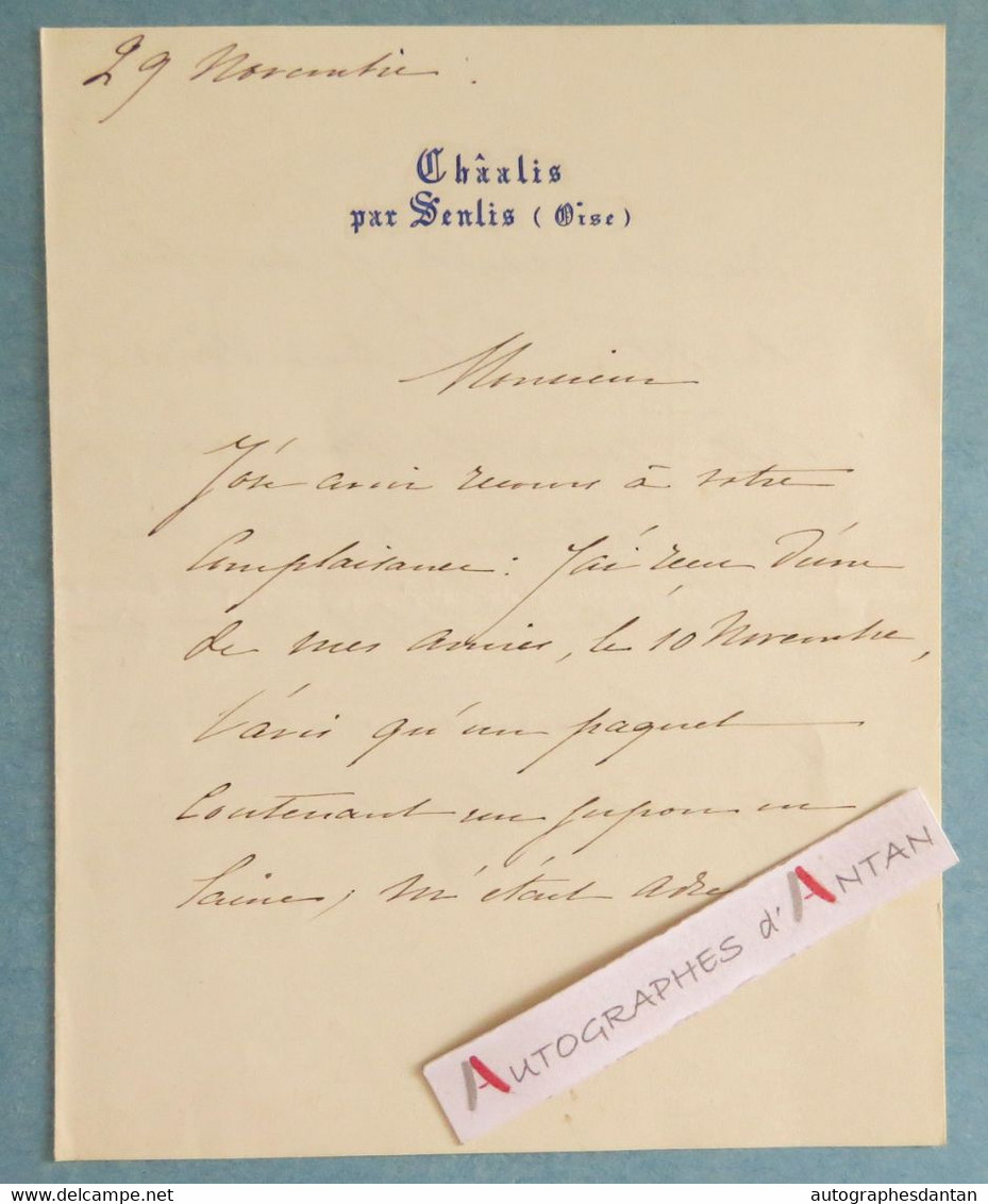 L.A.S Nelie JACQUEMART Peintre & Collectionneuse - Châalis Par Senlis - Chemin De Fer Du Nord - Lettre Autographe - Maler Und Bildhauer