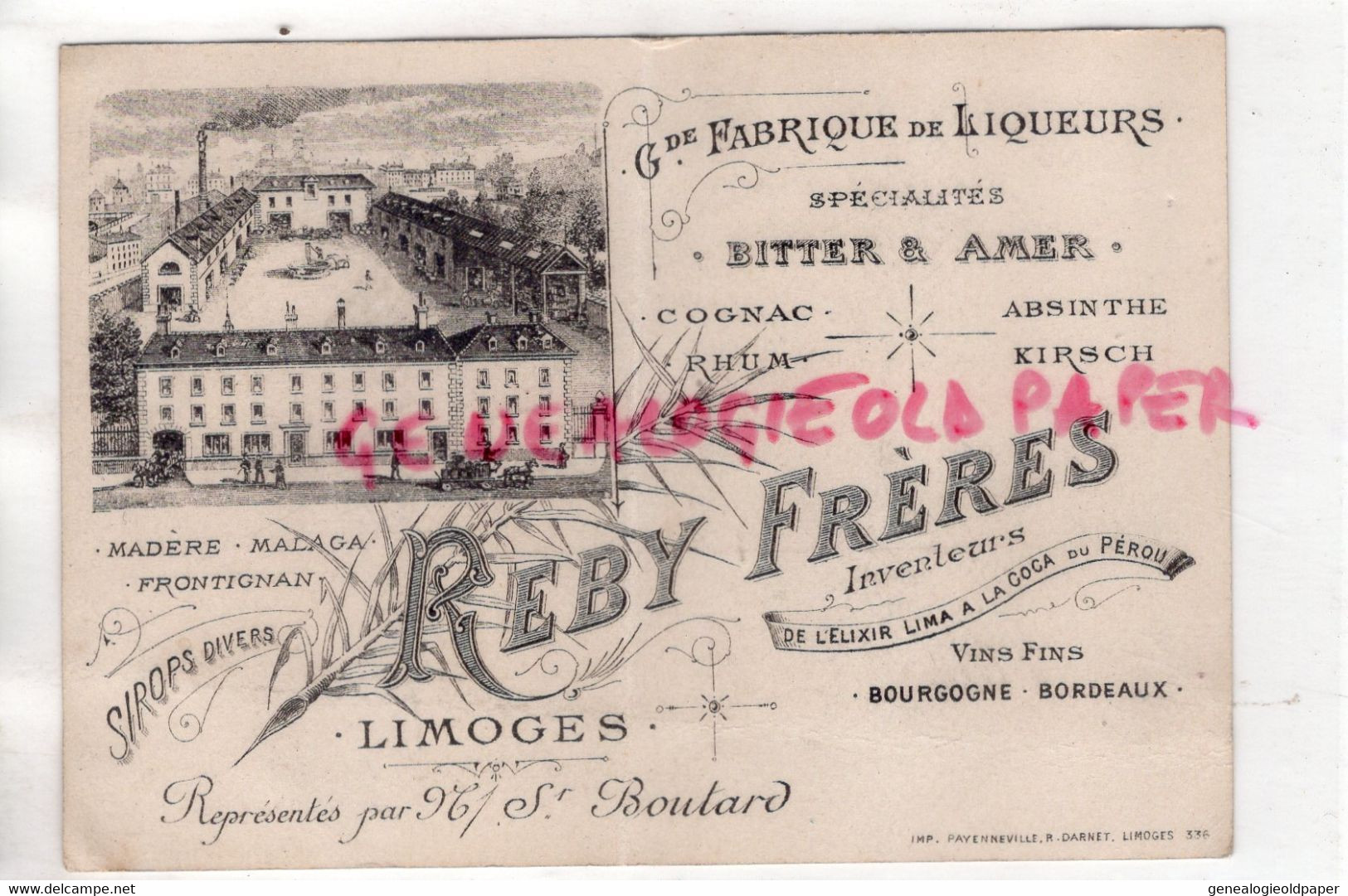 87-  LIMOGES- RARE CARTE PUBLICITE REBY FRERES -ELIXIR LIMA COCA PEROU-DISTILLERIE-MALAGA-FRONTIGNAN-BOUTARD-ABSINTHE - Old Professions