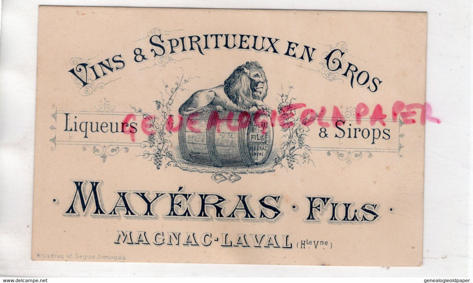 87- MAGNAC LAVAL - RARE CARTE PUBLICITE MAYERAS FILS - VINS SPIRITUEUX LIQUEURS SIROPS- LION - Petits Métiers