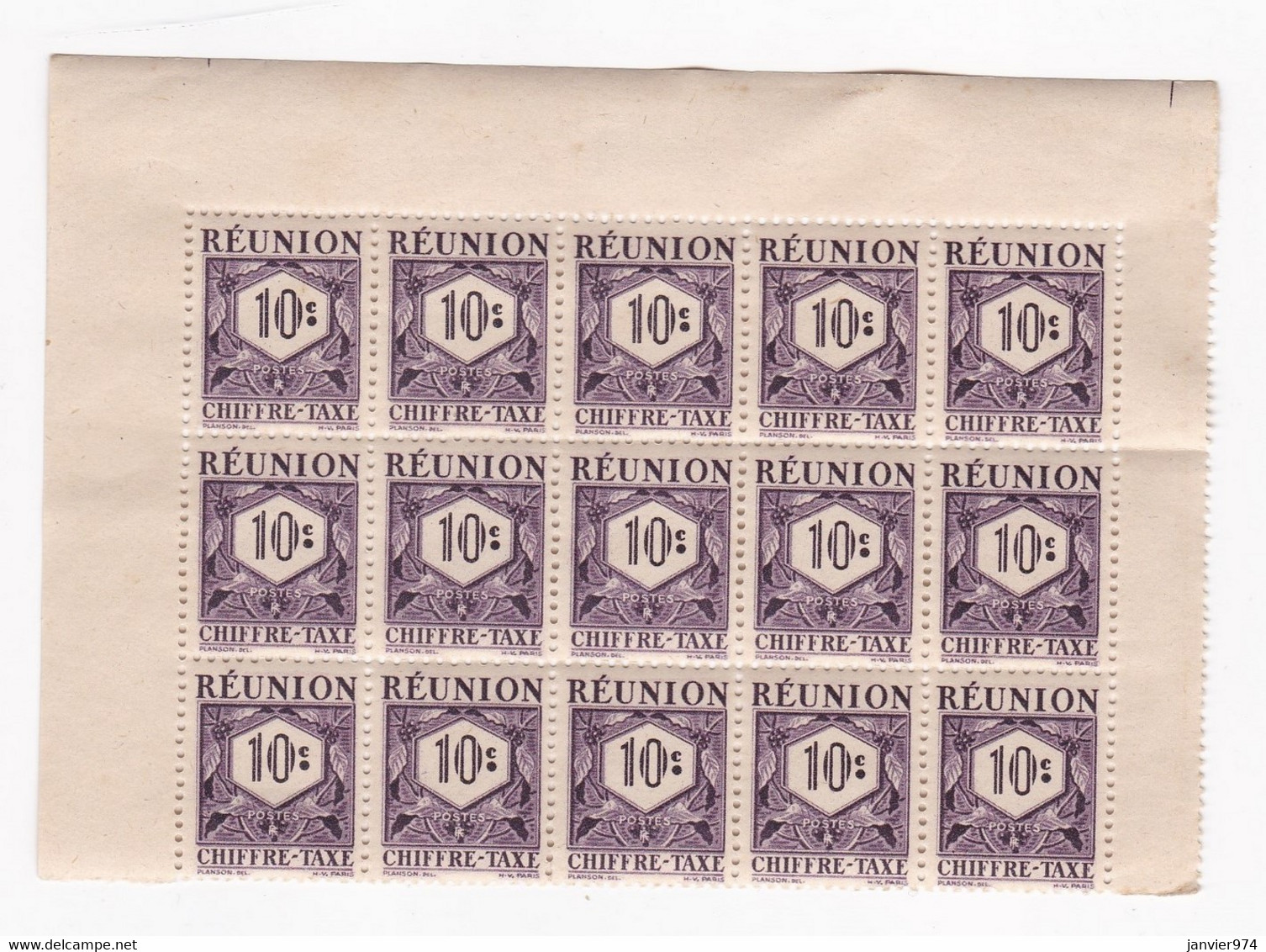 Réunion 1947 Timbre Taxe , 1 Bloc 10 Centimes Neufs – 15 Timbres - Timbres-taxe