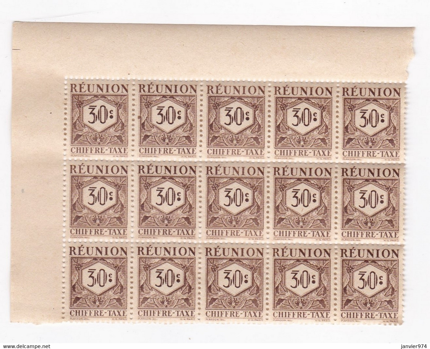 Réunion 1947 Timbre Taxe , 1 Bloc 30 Centimes Neufs – 15 Timbres - Timbres-taxe