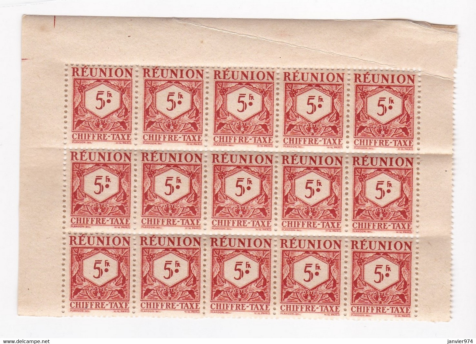 Réunion 1947 Timbre Taxe , 1 Bloc 5 Francs Neufs – 15 Timbres - Impuestos